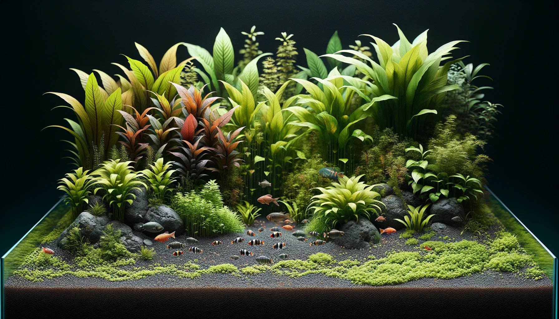 Aquarium mit vielen Pflanzen künstlerisch