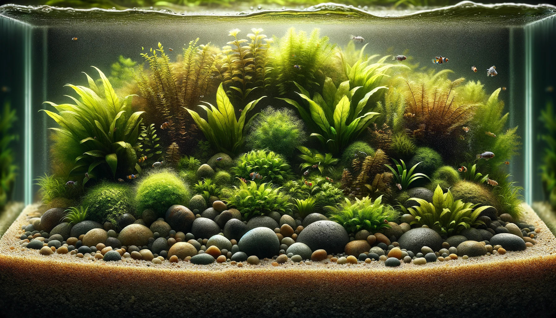 Aquarium mit Pflanzen und Steinen künstlerisch