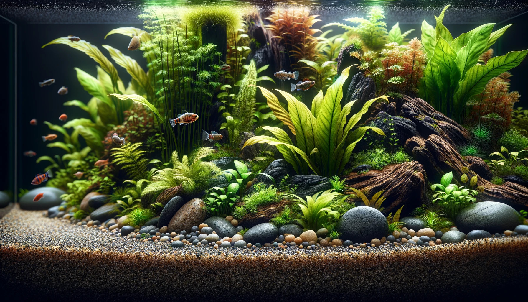 Ausschnitt eines Aquariums mit Pflanzen, Steinen und Wurzeln