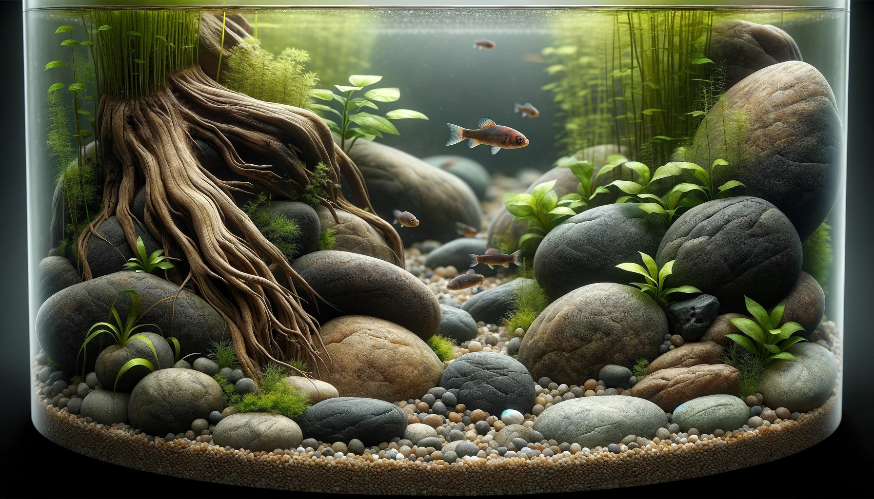 Ausschnitt eines Aquariums mit vielen Steinen und Wurzeln und wenigen Pflanzen, künstlerisch