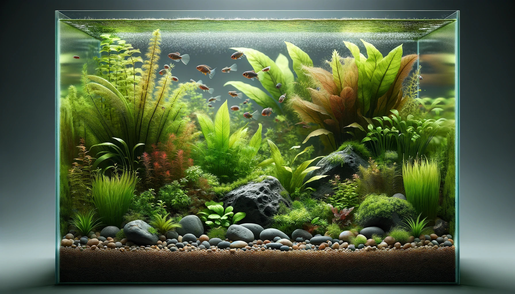 Ausschnitt eines Aquariums mit vielen Pflanzen und einigen Steinen, künstlerisch