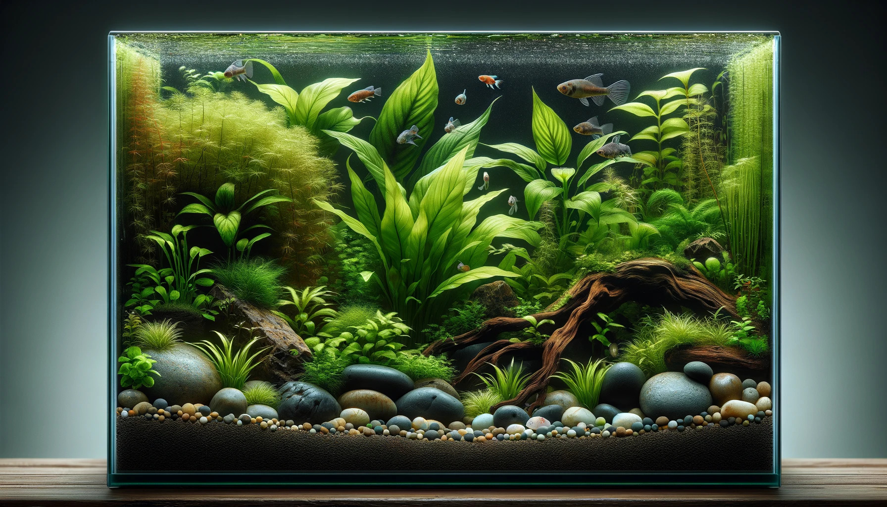 Ausschnitt eines Aquariums mit vielen Pflanzen, einigen Steinen und Wurzeln, künstlerisch