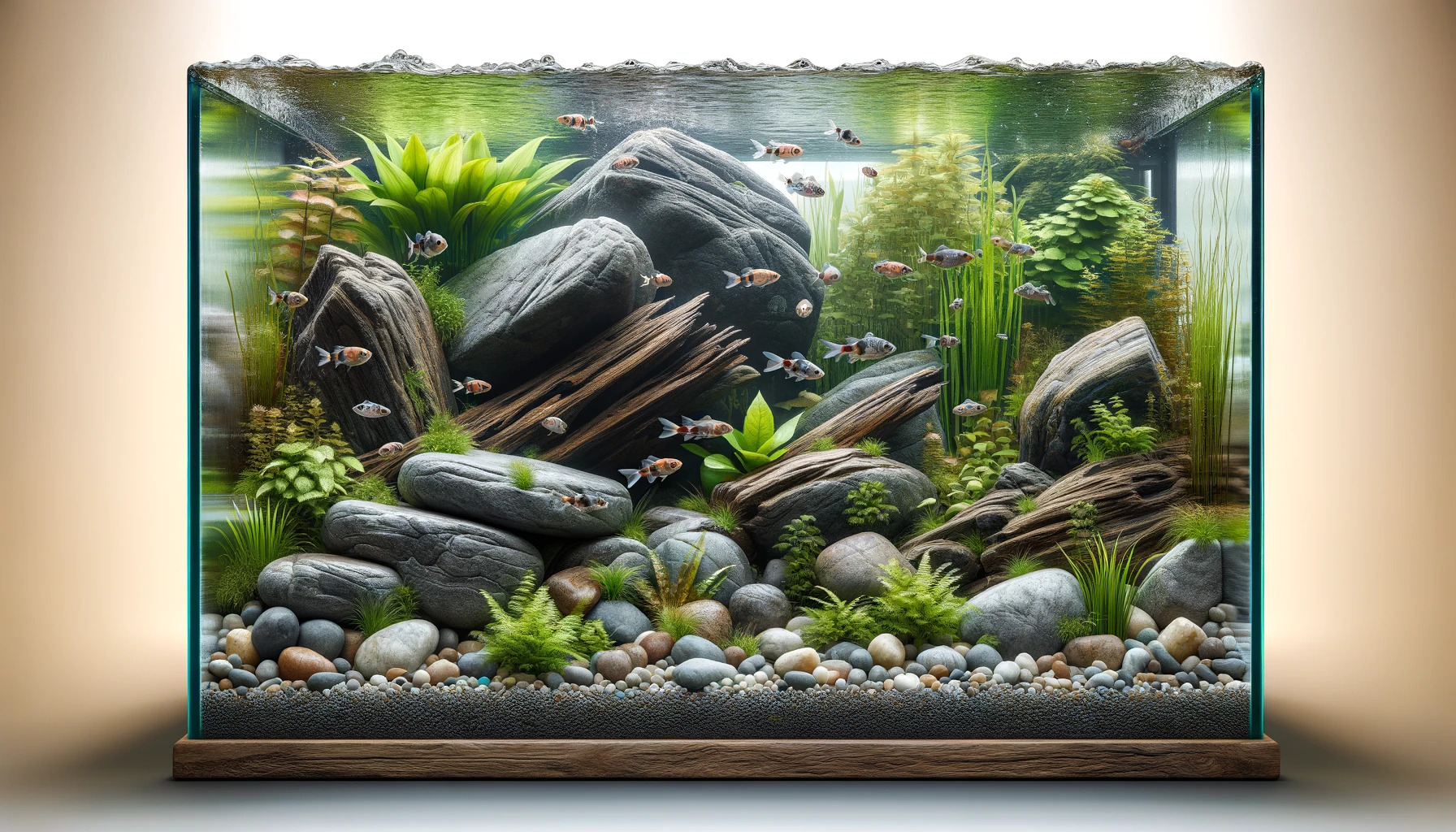 Ausschnitt eines Aquariums mit vielen Steinen, wenigen Wurzeln und wenigen Pflanzen, künstlerisch
