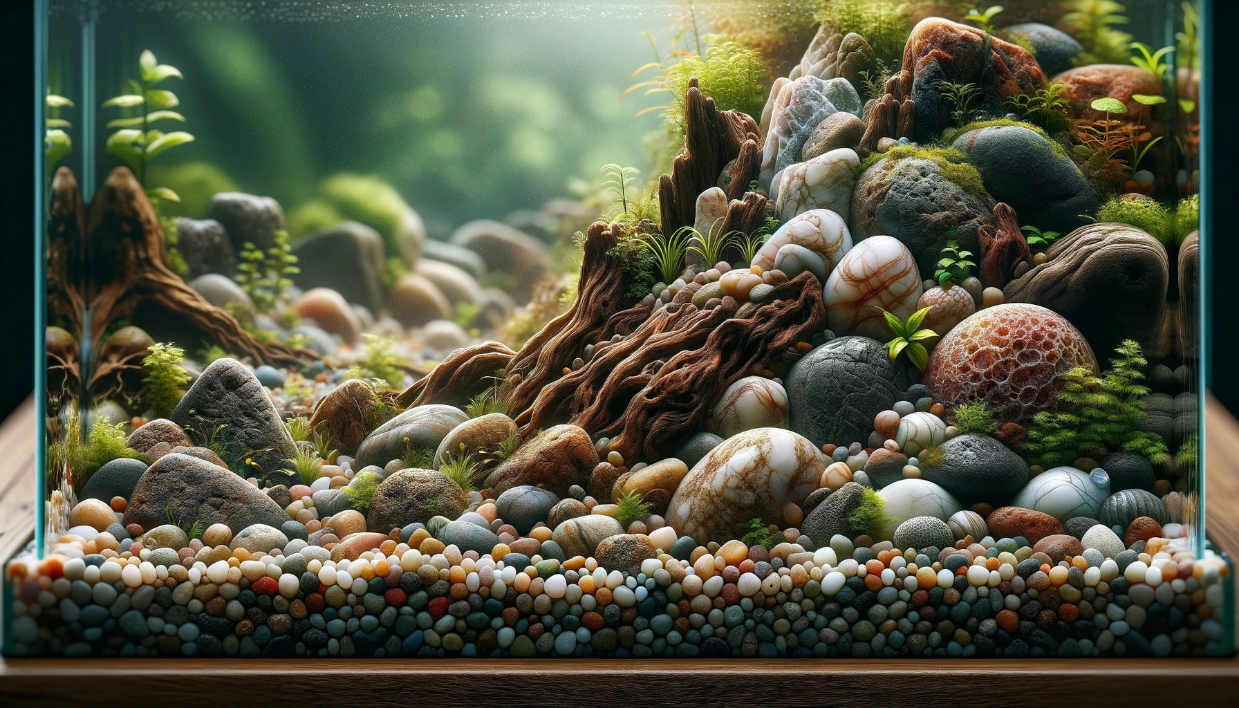 Ausschnitt eines Aquariums mit vielen Steinen, künstlerisch