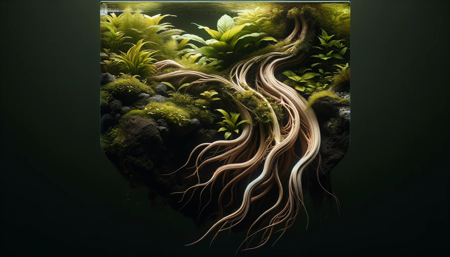 Ausschnitt eines Aquariums mit vielen Wurzeln und Pflanzen, künstlerisch