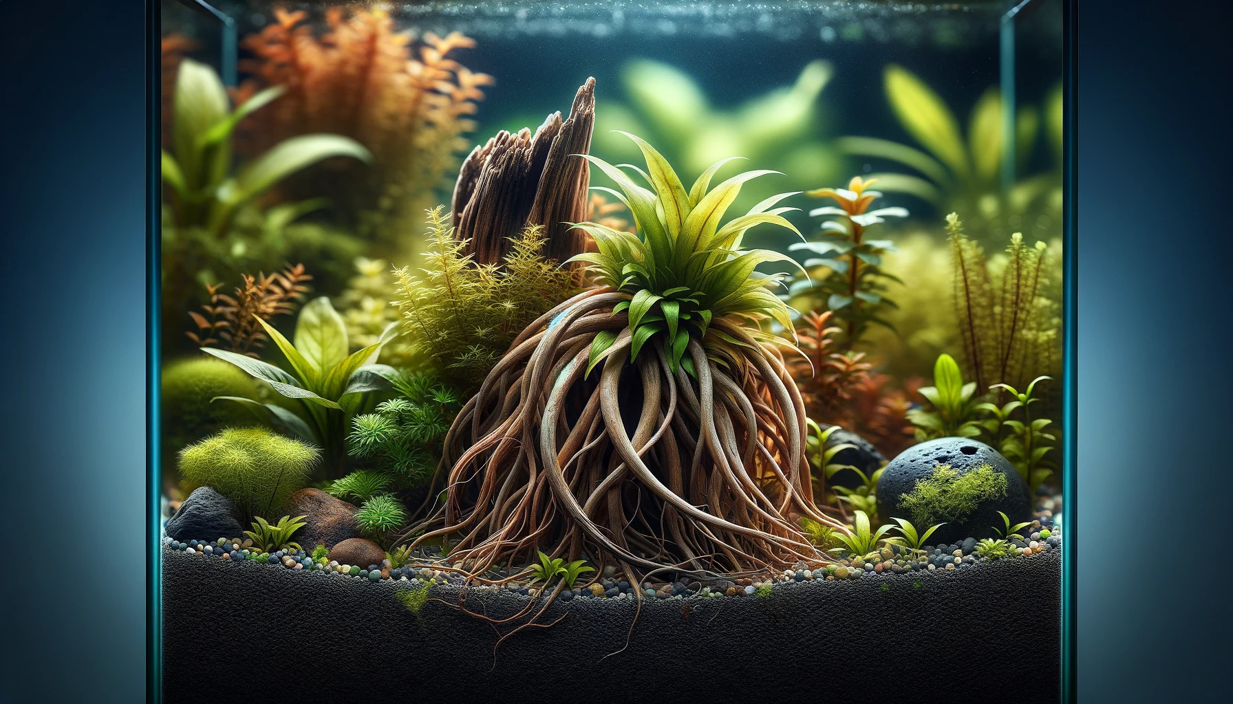 Ausschnitt eines Aquariums mit vielen Wurzeln und auch roten WasserPflanzen, künstlerisch