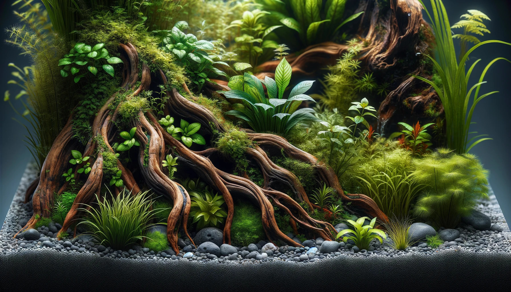 Ausschnitt eines tropischen Aquariums mit vielen Wurzeln und WasserPflanzen, künstlerisch
