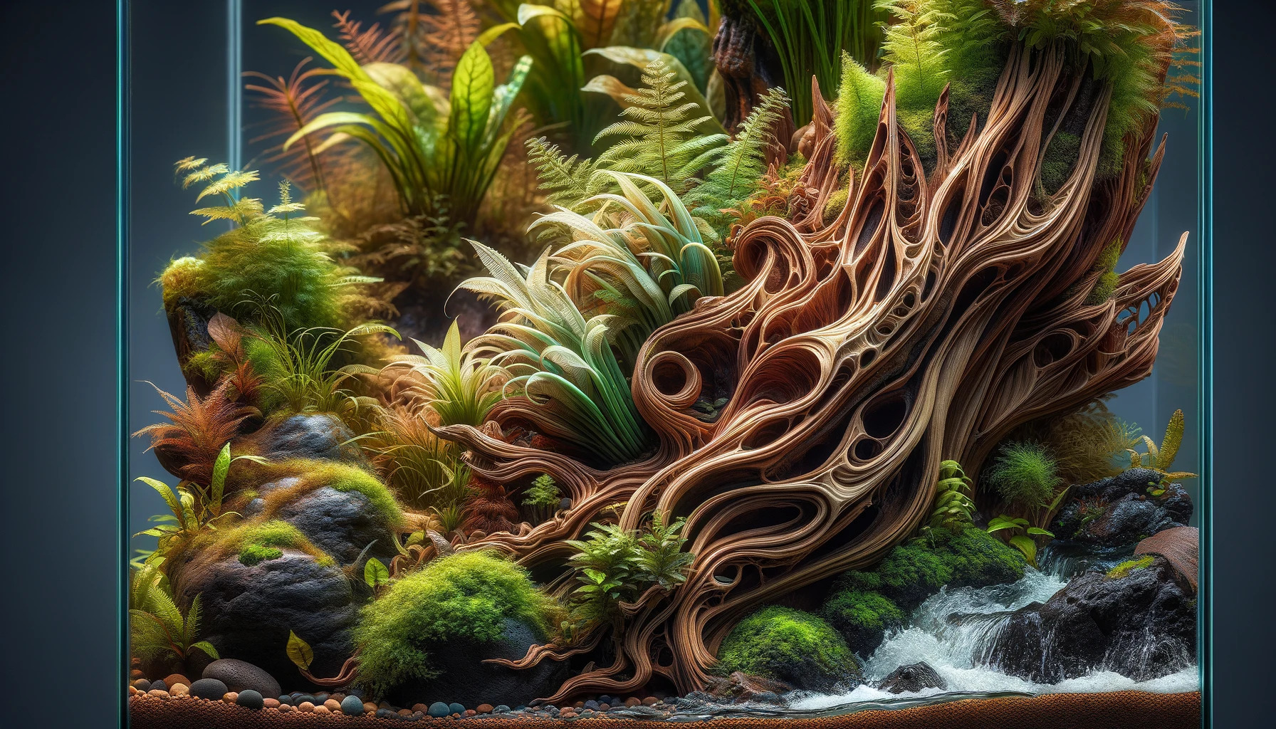 tropisches Aquarium mit vielen Wurzeln und Wasserpflanzen, künstlerisch