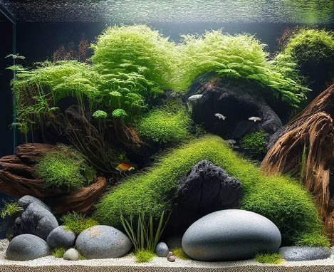 Aquarium, Moose, großer, gerundeter Stein, eine Wurzel1